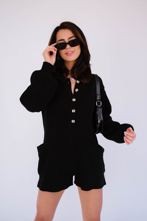 Picnic Date Knit Romper// Black